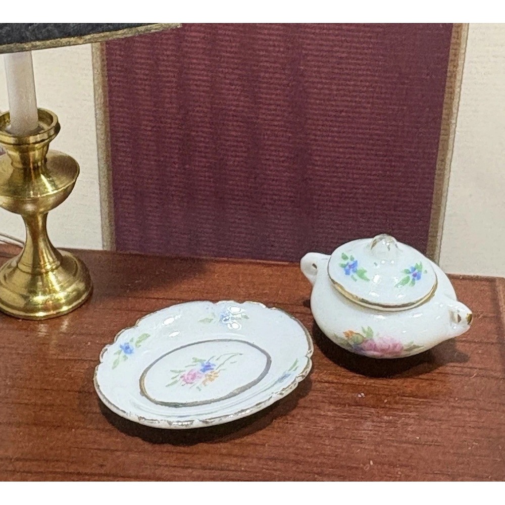 Vintage 1970s Miniature Dollhouse Porcelain Covered Dish Platter Floral Gold Rim